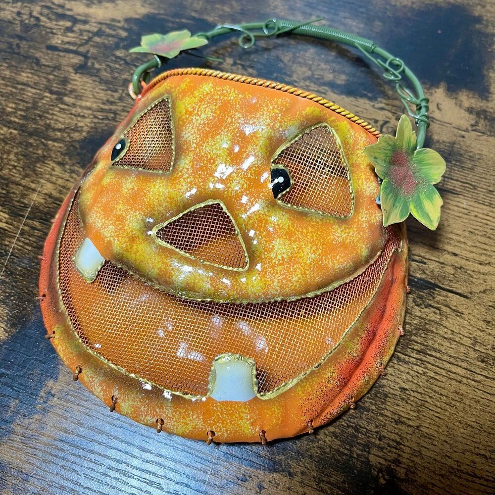 Vintage Jack O Lantern Metal Tin Pumpkin Wall Pocket Happy Halloween - Picture 4 of 6